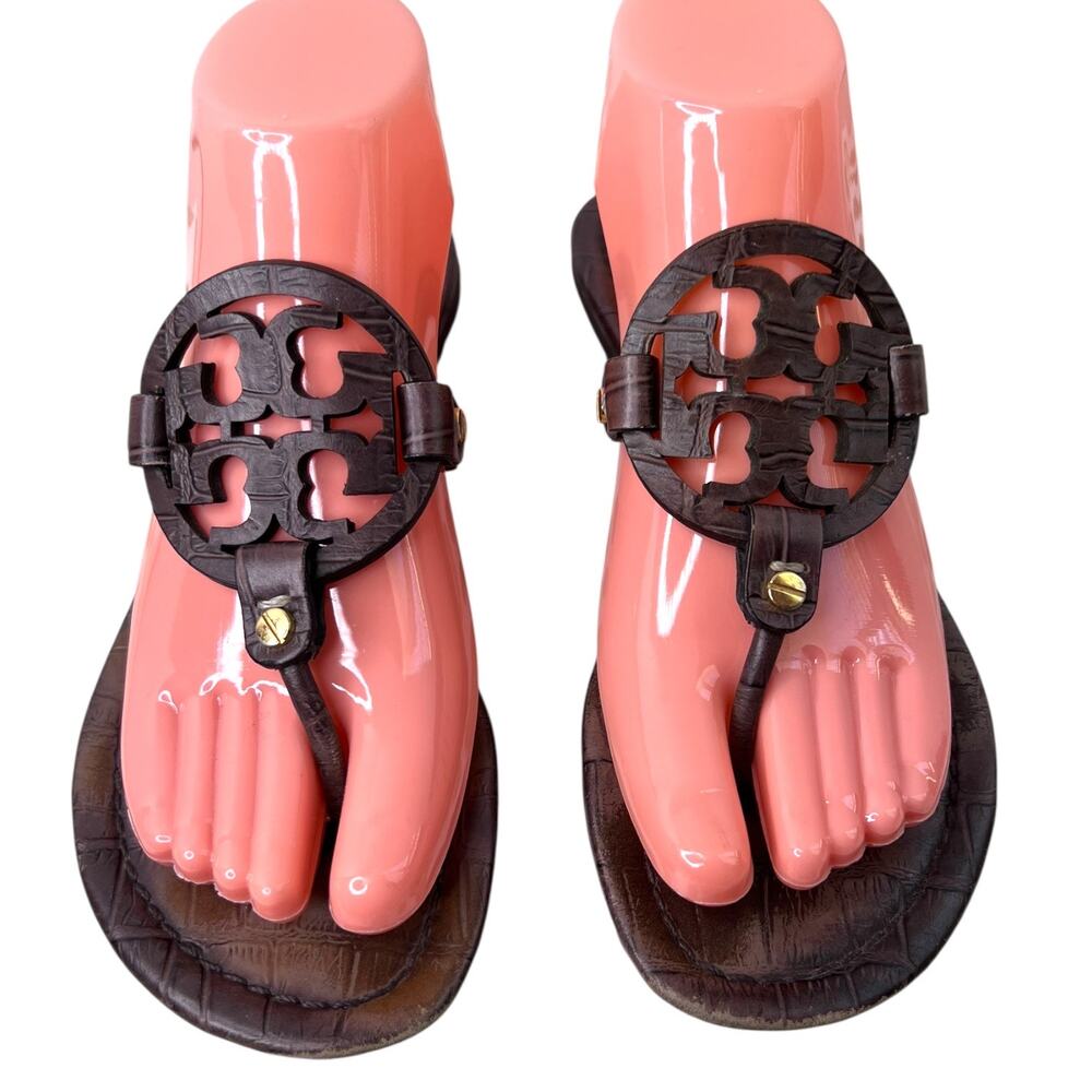 Tory Burch Dark Brown Leather Logo Thong Sandals